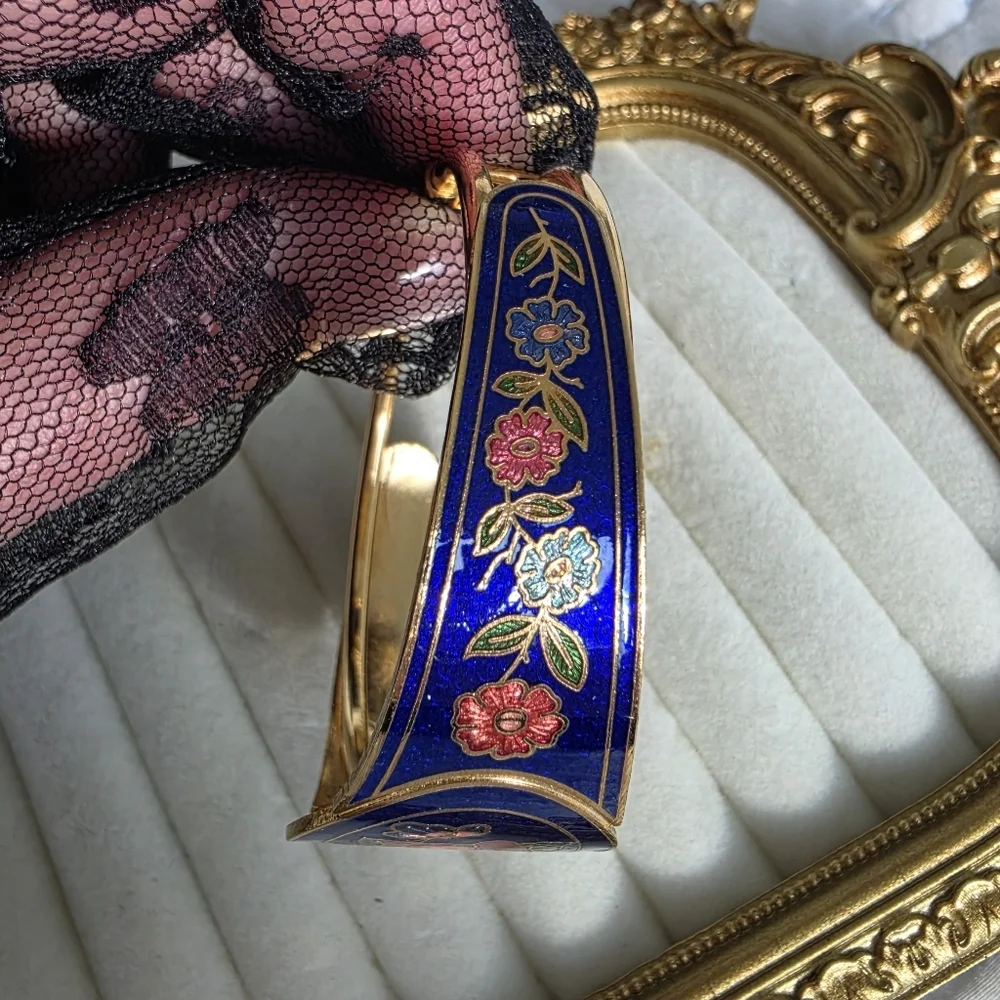 Vintage Cobalt Blue Cloisonné Floral Bangle Bracelet Gold Tone Hinged Statement